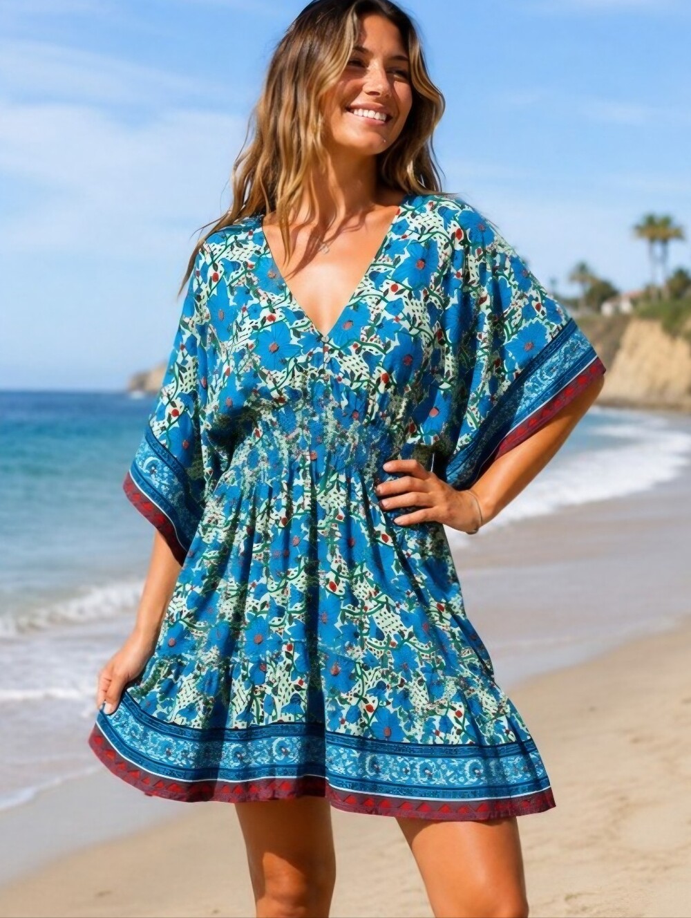 Natural Life Blue Floral Boho V-Neck Smocked Waist Tunic Dress XL